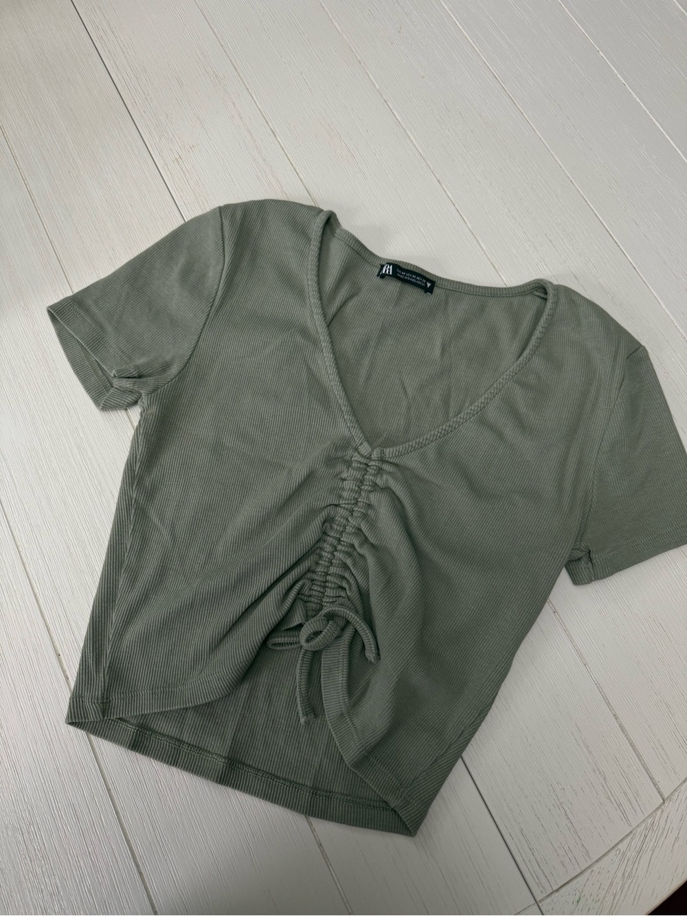 Zara Olive Green Ribbed Drawstring Crop Top - Picture 2 of 4